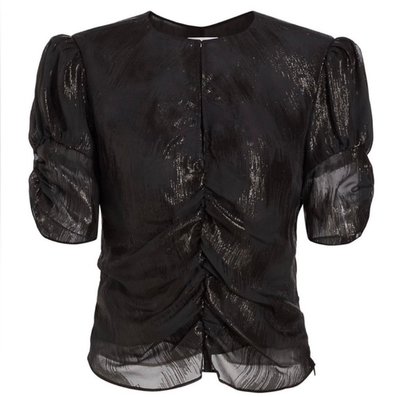 FRAME DENIM Ruched Metallic Jacquard Ruched Puff Short Sleeve Keyhole Blouse Top - Picture 8 of 11